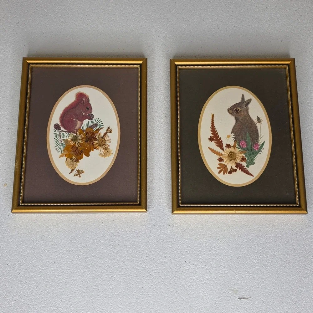 Sharon Jervis Village Green Framed Art Set Gold Squirrel Rabbit Pressed Flower